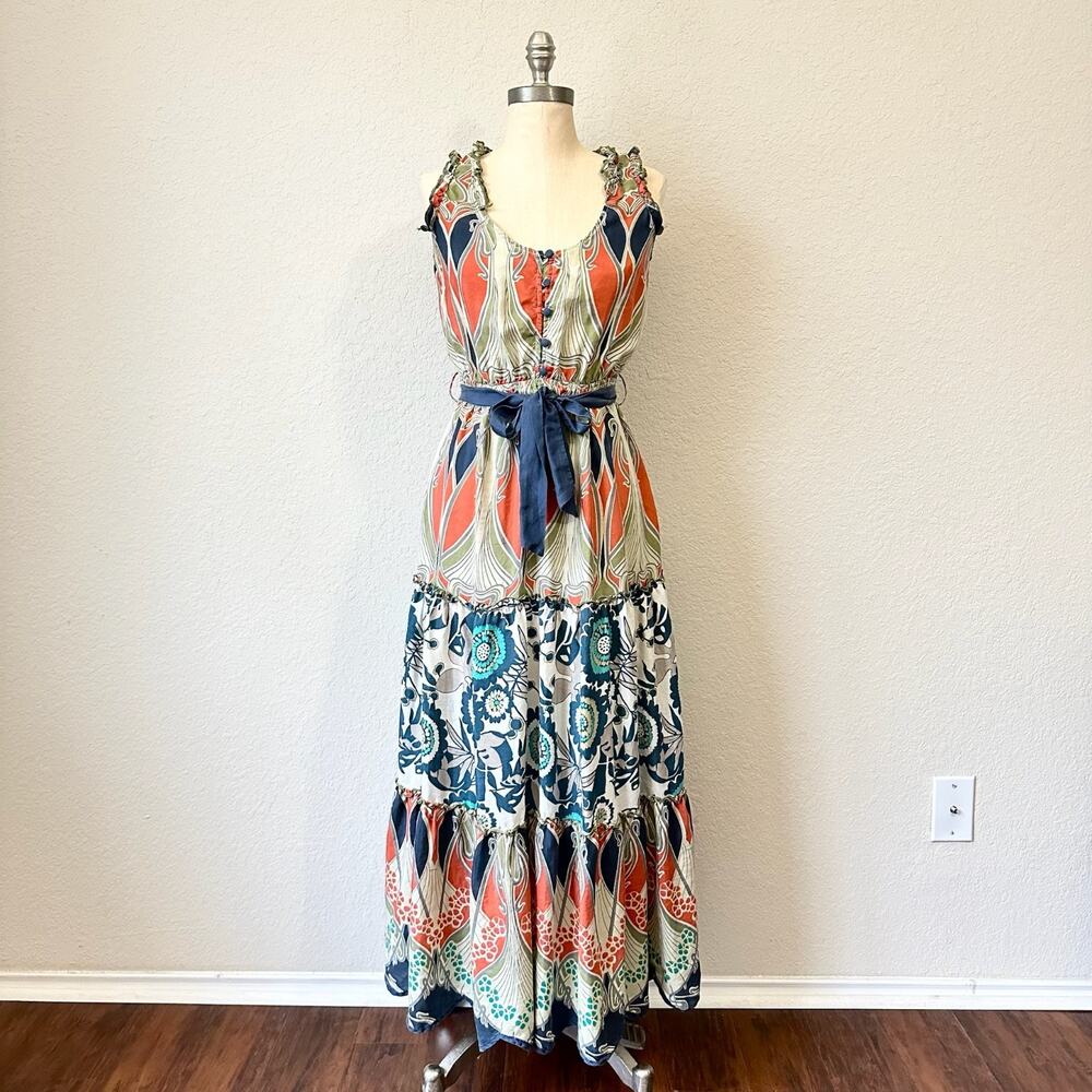 TRINITY Maxi Dress Silk Floral Abstract Sleeveless Tiered Boho Artsy